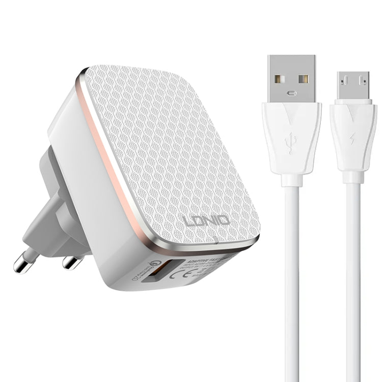 LDNIO A1204Q QC3.0 18W USB Fast Charger with 1m USB to Micro USB Cable, Plug Type:EU Plug(White Gold) - free shipping - PMC TechLife - Order now!