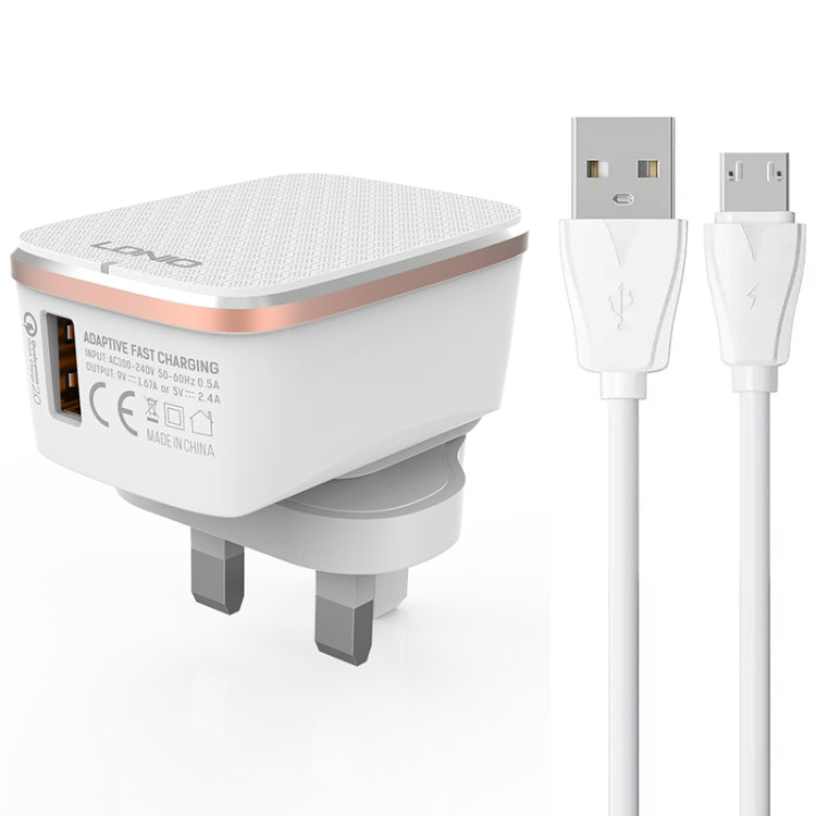 LDNIO A1204Q QC3.0 18W USB Fast Charger with 1m USB to Micro USB Cable, Plug Type:UK Plug(White Gold) - free shipping - PMC Jewellery - Order now!