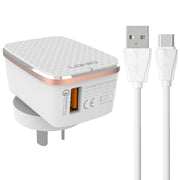 LDNIO A1204Q QC3.0 18W USB Fast Charger with 1m USB to USB-C / Type-C Cable, Plug Type:US Plug(White Gold)