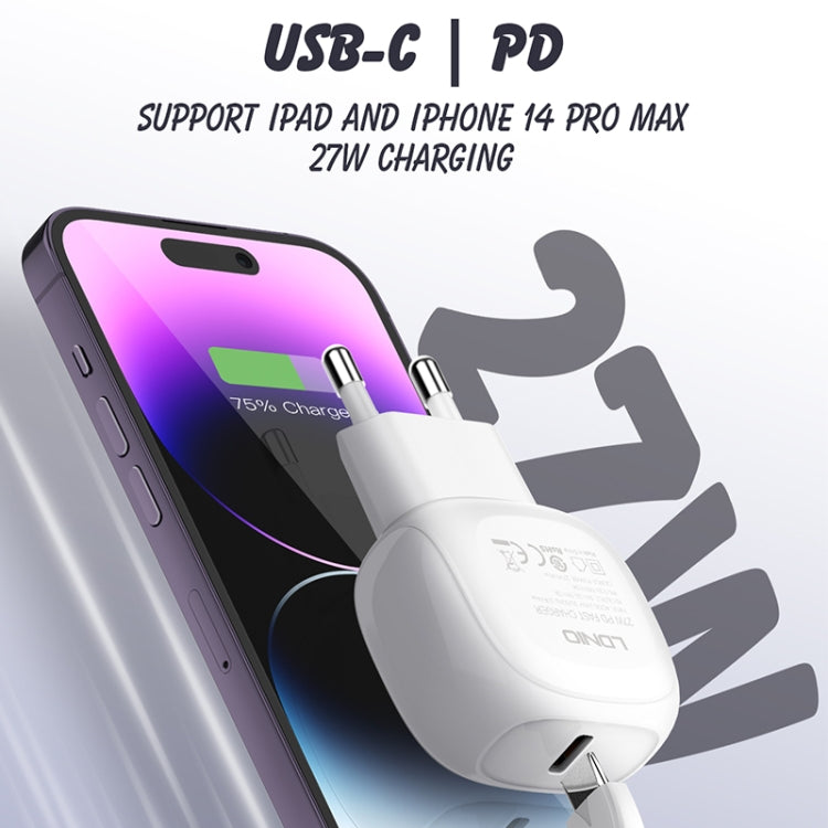 LDNIO A1206C PD27W USB-C / Type-C Fast Charger with 1m Type-C Cable, Plug Type:EU Plug(White) - free shipping - PMC TechLife - Order now!
