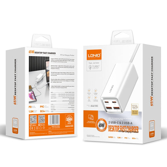 LDNIO A4610C PD65W Dual USB-C / Type-C + Dual USB Fast Charger, Cable Length: 1.5m, Plug Type:EU Plug��(White)