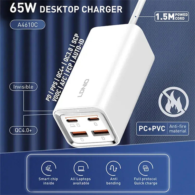 LDNIO A4610C PD65W Dual USB-C / Type-C + Dual USB Fast Charger, Cable Length: 1.5m, Plug Type:UK Plug(White) - USB Charger by LDNIO | Online Shopping South Africa | PMC TechLife | Buy Now Pay Later Mobicred
