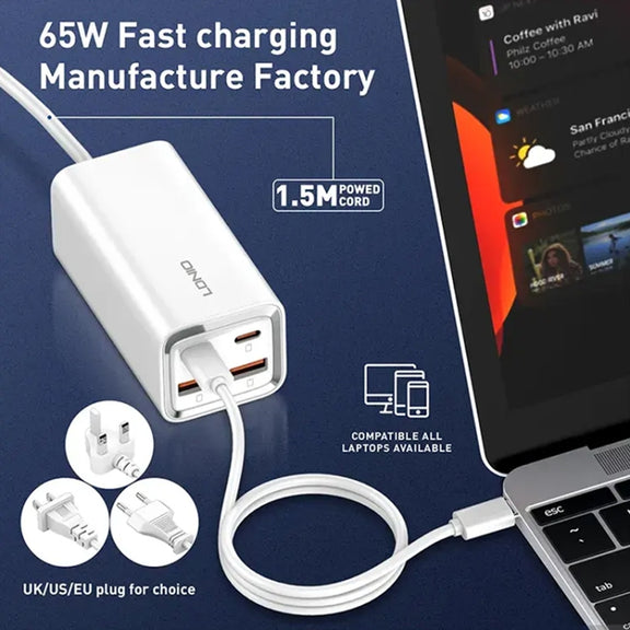 LDNIO A4610C PD65W Dual USB-C / Type-C + Dual USB Fast Charger, Cable Length: 1.5m, Plug Type:EU Plug��(White)