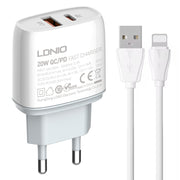 LDNIO Q229 QC3.0 / PD20W USB + Type-C Fast Charger with 1m USB to 8 Pin Cable, Plug Type:EU Plug(White)