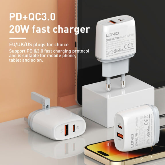 LDNIO Q229 QC3.0 / PD20W USB + Type-C Fast Charger with 1m USB to 8 Pin Cable, Plug Type:US Plug(White)