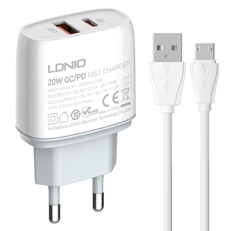 LDNIO Q229 QC3.0 / PD20W USB + Type-C Fast Charger with 1m USB to Micro USB Cable, Plug Type:EU Plug(White) - free shipping - PMC TechLife - Order now!