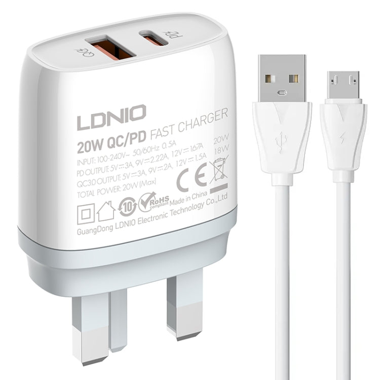 LDNIO Q229 QC3.0 / PD20W USB + Type-C Fast Charger with 1m USB to Micro USB Cable, Plug Type:UK Plug(White) - free shipping - PMC TechLife - Order now!