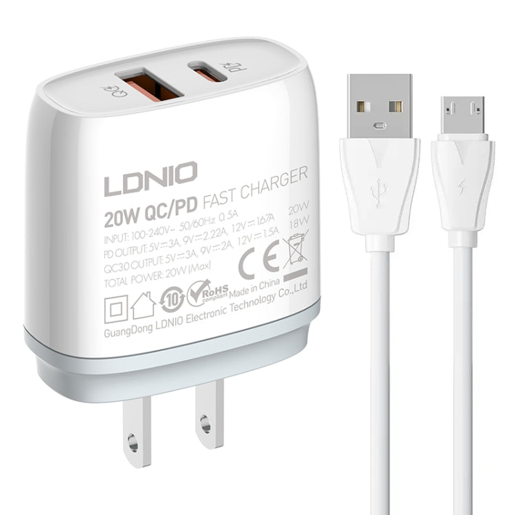 LDNIO Q229 QC3.0 / PD20W USB + Type-C Fast Charger with 1m USB to Micro USB Cable, Plug Type:US Plug(White) - free shipping - PMC TechLife - Order now!