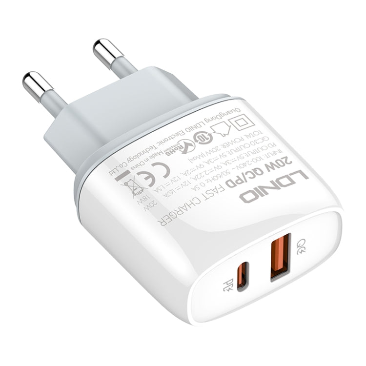 LDNIO Q229 QC3.0 / PD20W USB + Type-C Fast Charger with 1m USB to Type-C Cable, Plug Type:EU Plug(White)