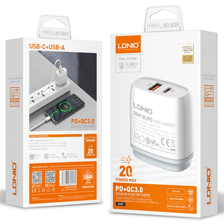 LDNIO Q229 QC3.0 / PD20W USB + Type-C Fast Charger with 1m USB to Type-C Cable, Plug Type:EU Plug(White) - USB Charger by LDNIO | Online Shopping South Africa | PMC TechLife | Buy Now Pay Later Mobicred