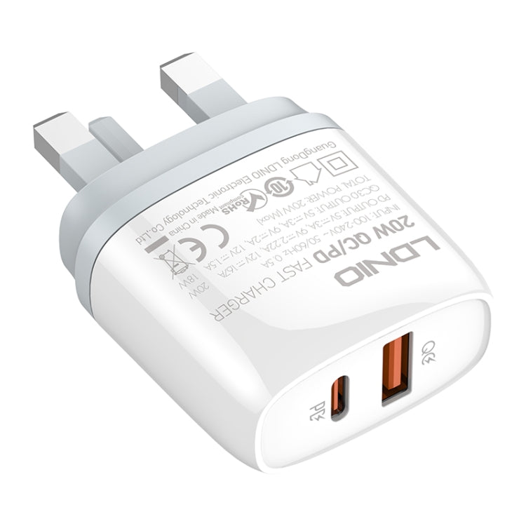 LDNIO Q229 QC3.0 / PD20W USB + Type-C Fast Charger with 1m Type-C to 8 Pin Cable, Plug Type:UK Plug(White) - free shipping - PMC Jewellery - Order now!