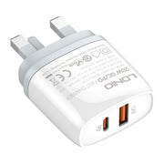 LDNIO Q229 QC3.0 / PD20W USB + Type-C Fast Charger with 1m Type-C to 8 Pin Cable, Plug Type:UK Plug(White)
