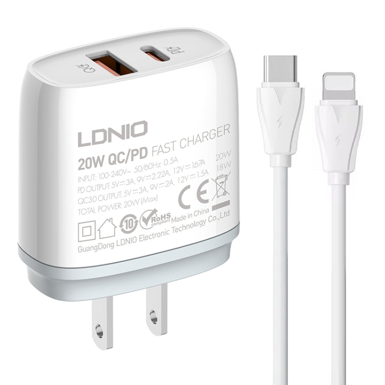 LDNIO Q229 QC3.0 / PD20W USB + Type-C Fast Charger with 1m Type-C to 8 Pin Cable, Plug Type:US Plug(White) - free shipping - PMC Jewellery - Order now!