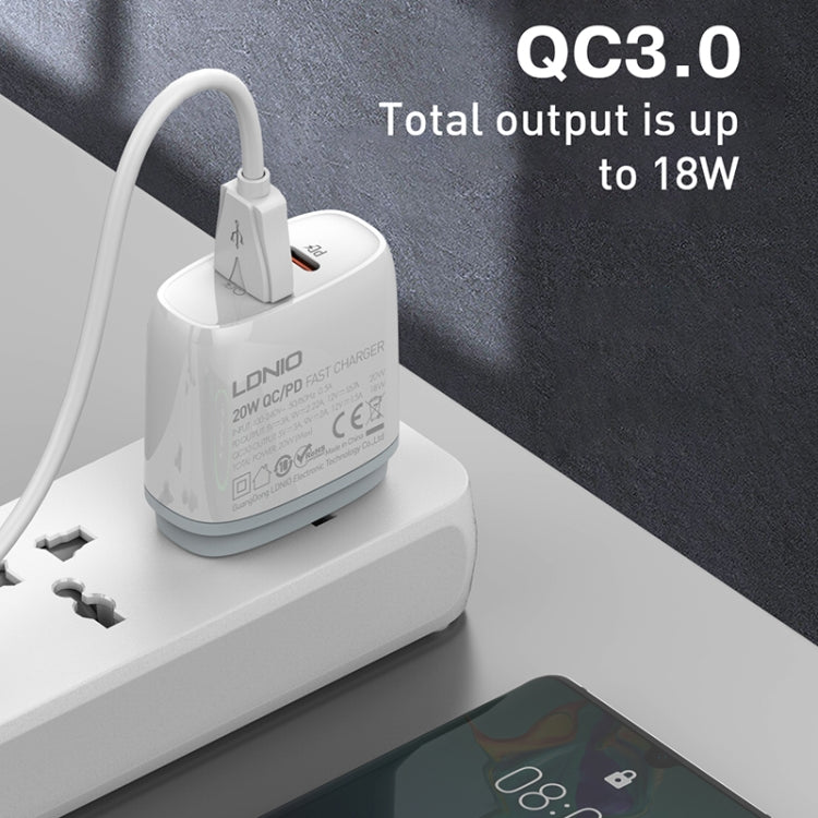 LDNIO Q229 QC3.0 / PD20W USB + Type-C Fast Charger with 1m Type-C to 8 Pin Cable, Plug Type:US Plug(White) - free shipping - PMC Jewellery - Order now!