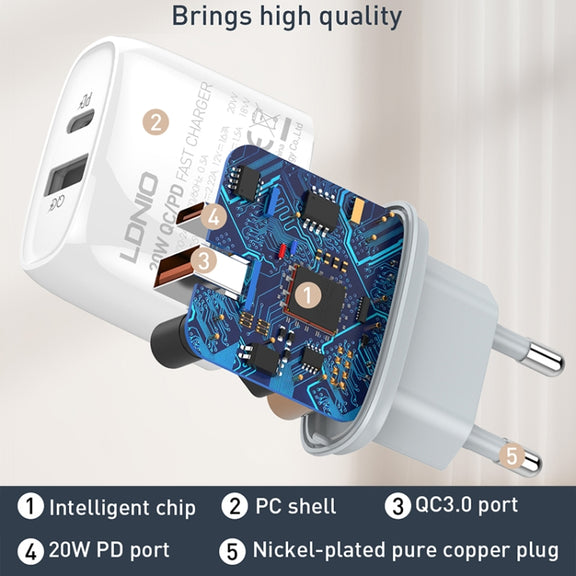 LDNIO Q229 QC3.0 / PD20W USB + Type-C Fast Charger with 1m Type-C to 8 Pin Cable, Plug Type:UK Plug(White)