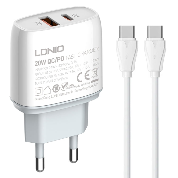 LDNIO Q229 QC3.0 / PD20W USB + Type-C Fast Charger with 1m Type-C to Type-C Cable, Plug Type:EU Plug(White) - free shipping - PMC TechLife - Order now!