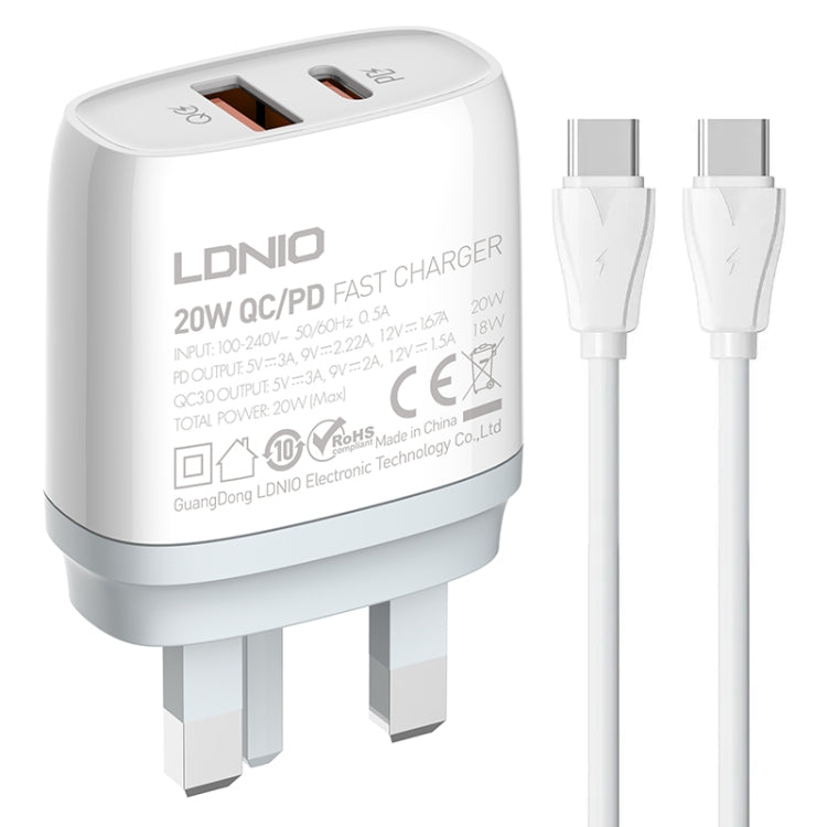 LDNIO Q229 QC3.0 / PD20W USB + Type-C Fast Charger with 1m Type-C to Type-C Cable, Plug Type:UK Plug(White) - free shipping - PMC TechLife - Order now!