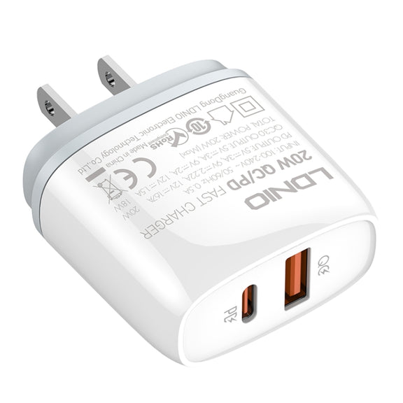 LDNIO Q229 QC3.0 / PD20W USB + Type-C Fast Charger with 1m Type-C to Type-C Cable, Plug Type:US Plug(White)