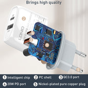LDNIO Q229 QC3.0 / PD20W USB + Type-C Fast Charger with 1m Type-C to Type-C Cable, Plug Type:EU Plug(White)