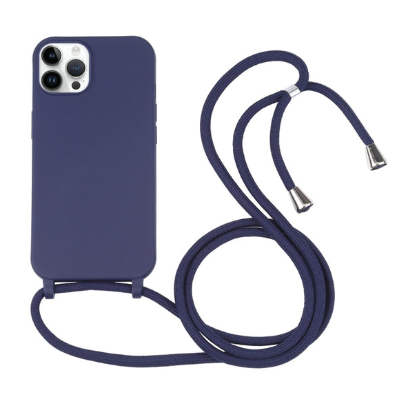 For iPhone 16 Pro Candy Colors TPU Protective Phone Case with Lanyard (Dark Blue)
