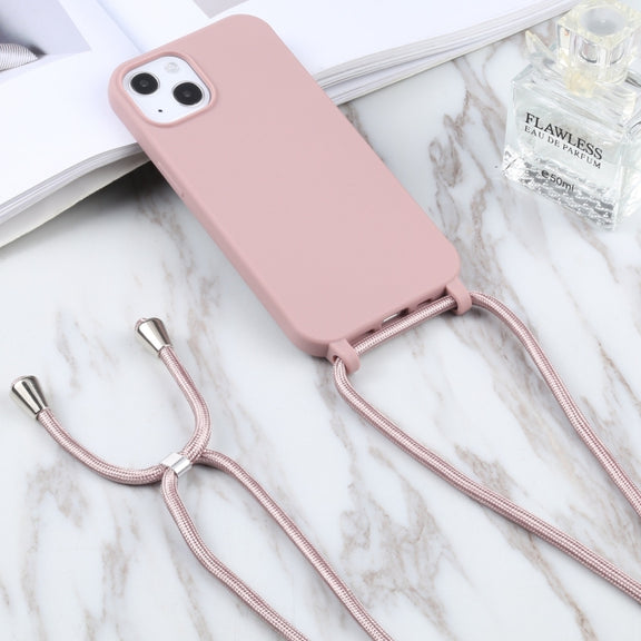 For iPhone 16 Candy Colors TPU Protective Phone Case with Lanyard(Rose Gold)