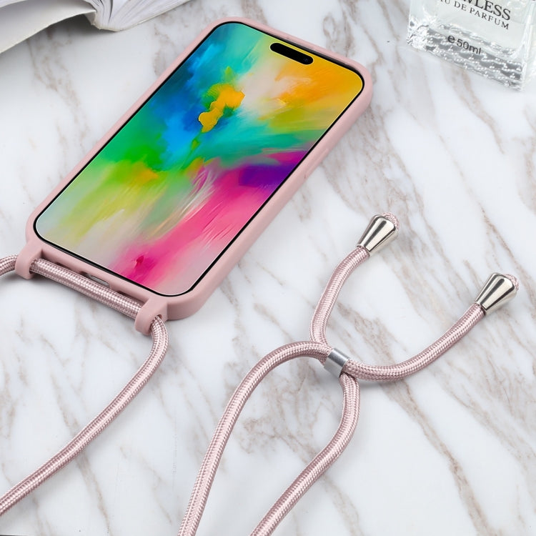 For iPhone 16 Candy Colors TPU Protective Phone Case with Lanyard(Rose Gold)