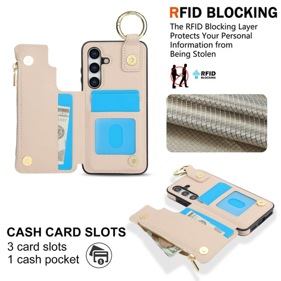 For Samsung Galaxy S24 5G RFlD Anti-theft Double Buckle Ring Zipper Card Phone Case(White)