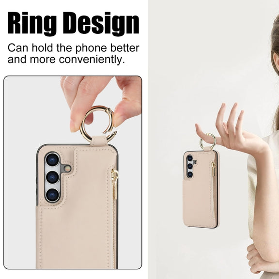 For Samsung Galaxy S24 5G RFlD Anti-theft Double Buckle Ring Zipper Card Phone Case(White)