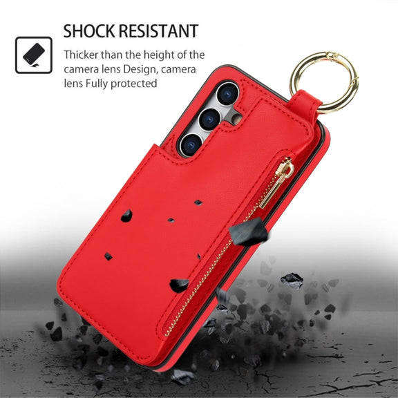 For Samsung Galaxy S24 5G RFlD Anti-theft Double Buckle Ring Zipper Card Phone Case(Red)