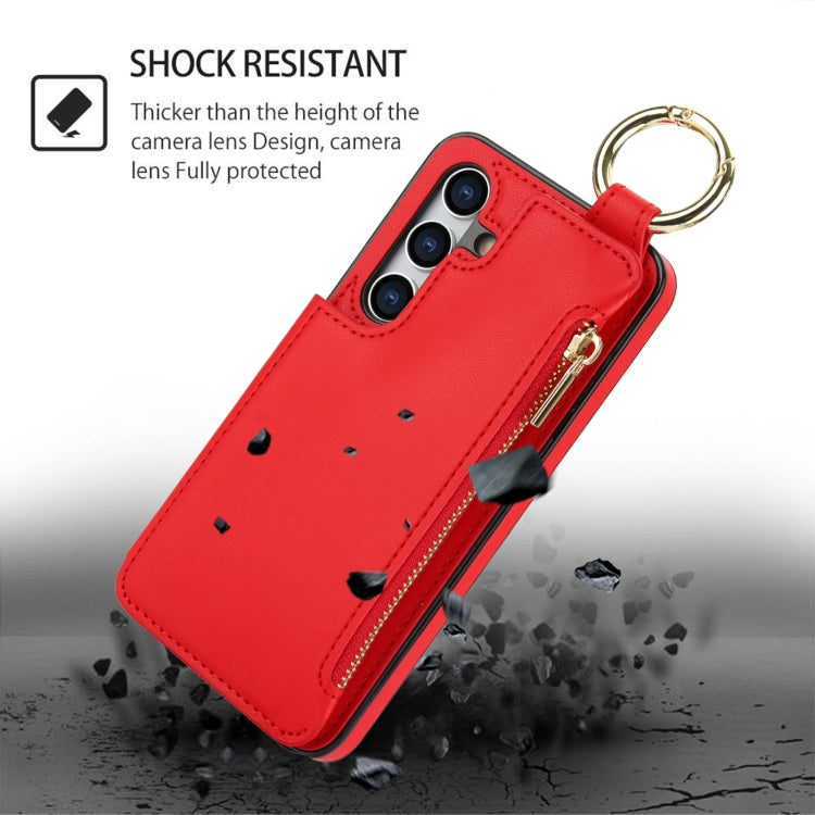 For Samsung Galaxy S24 5G RFlD Anti-theft Double Buckle Ring Zipper Card Phone Case(Red)