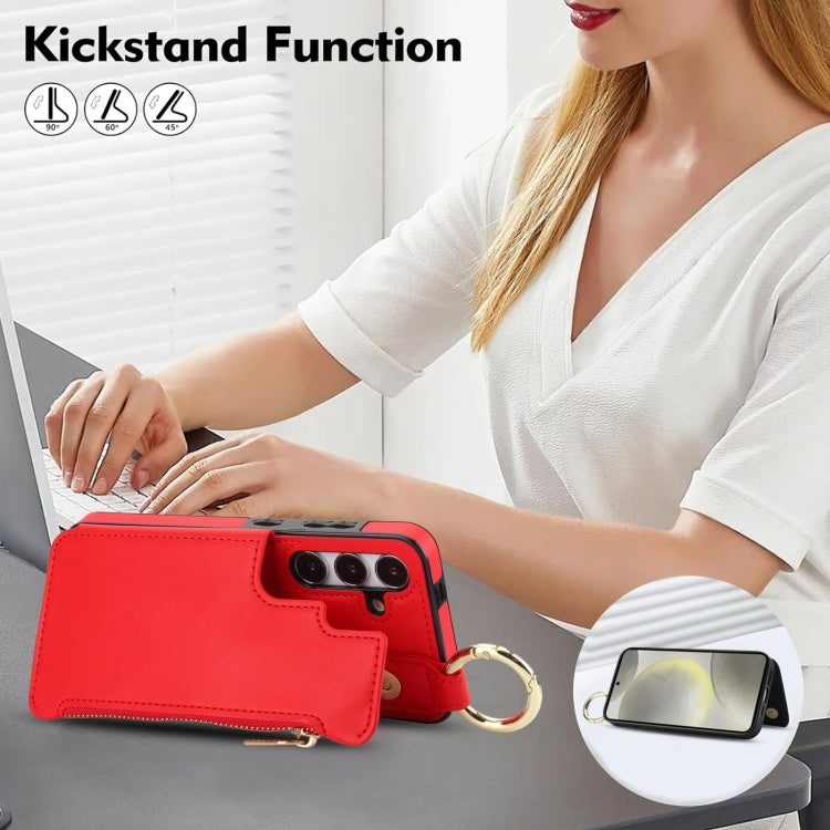 For Samsung Galaxy S24 5G RFlD Anti-theft Double Buckle Ring Zipper Card Phone Case(Red)