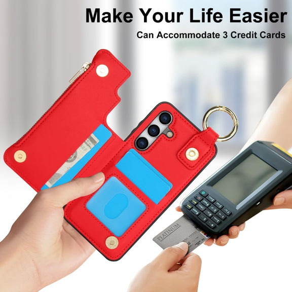 For Samsung Galaxy S24 5G RFlD Anti-theft Double Buckle Ring Zipper Card Phone Case(Red)