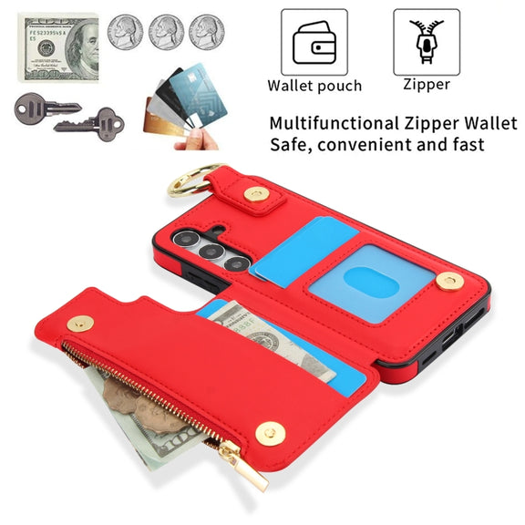 For Samsung Galaxy S24 5G RFlD Anti-theft Double Buckle Ring Zipper Card Phone Case(Red)