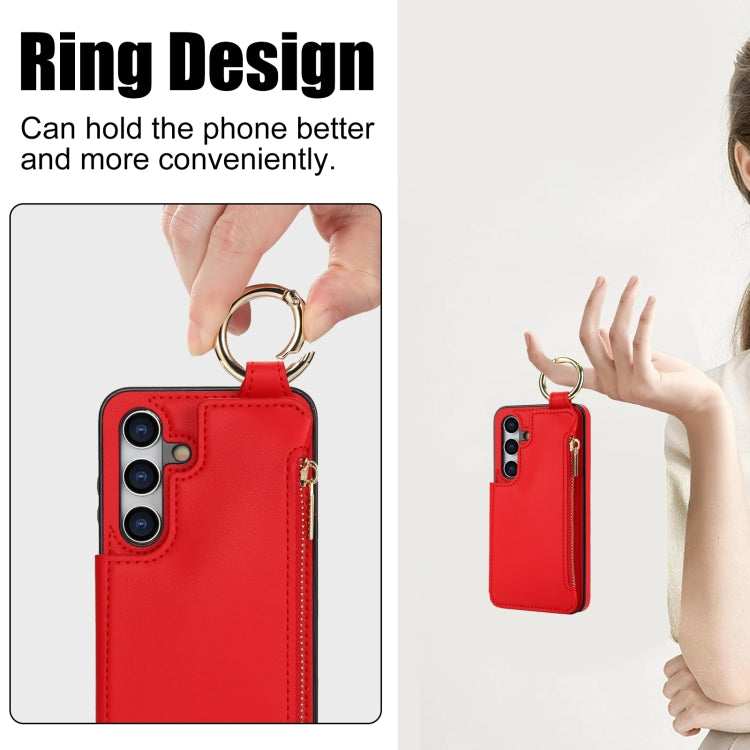 For Samsung Galaxy S24 5G RFlD Anti-theft Double Buckle Ring Zipper Card Phone Case(Red)