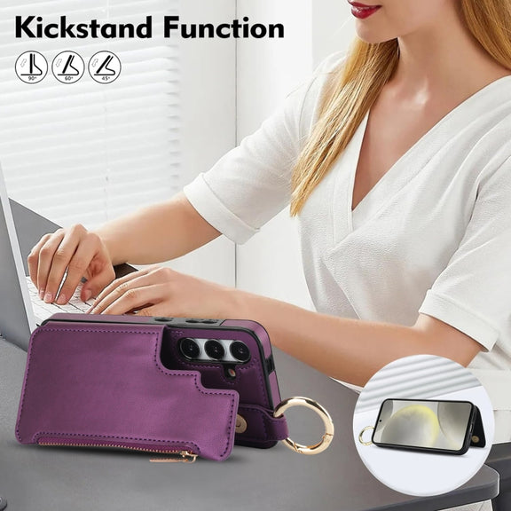 For Samsung Galaxy S24 5G RFlD Anti-theft Double Buckle Ring Zipper Card Phone Case(Dark Purple)