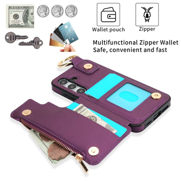 For Samsung Galaxy S24 5G RFlD Anti-theft Double Buckle Ring Zipper Card Phone Case(Dark Purple)