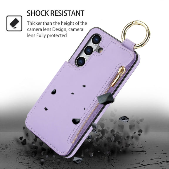 For Samsung Galaxy S24 5G RFlD Anti-theft Double Buckle Ring Zipper Card Phone Case(Purple)