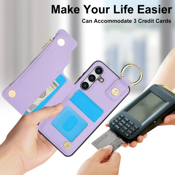 For Samsung Galaxy S24 5G RFlD Anti-theft Double Buckle Ring Zipper Card Phone Case(Purple)