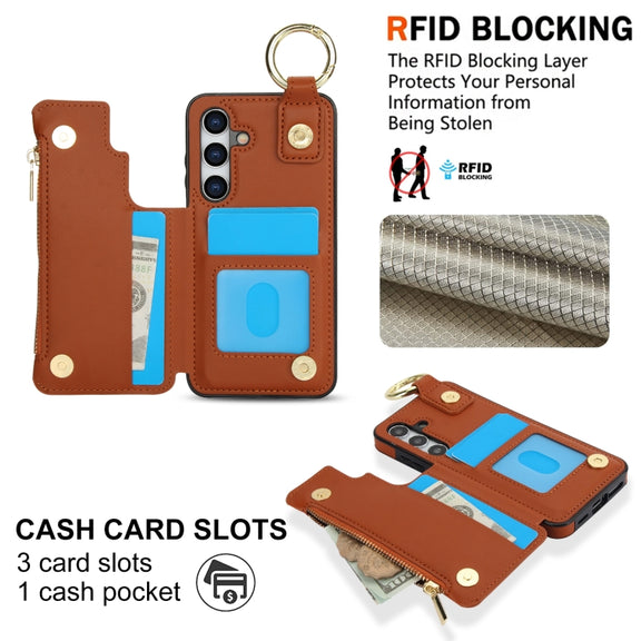 For Samsung Galaxy S24 5G RFlD Anti-theft Double Buckle Ring Zipper Card Phone Case(Brown)