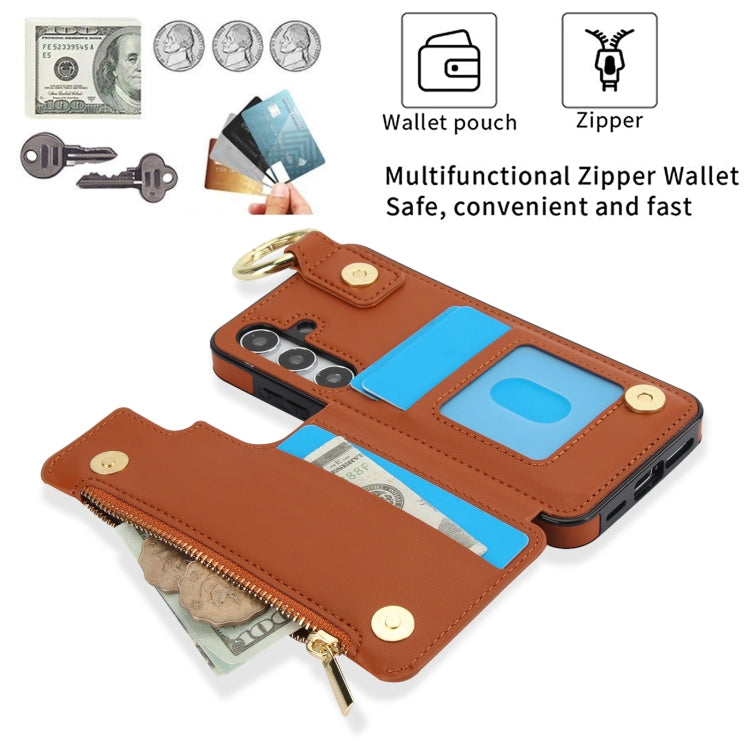 For Samsung Galaxy S24 5G RFlD Anti-theft Double Buckle Ring Zipper Card Phone Case(Brown)