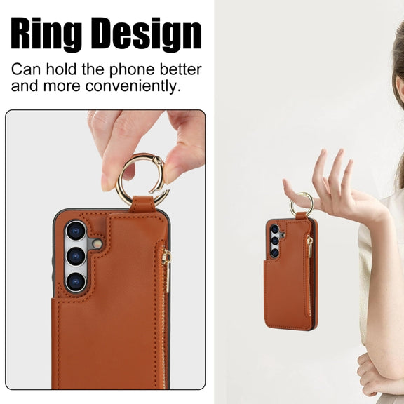 For Samsung Galaxy S24 5G RFlD Anti-theft Double Buckle Ring Zipper Card Phone Case(Brown)