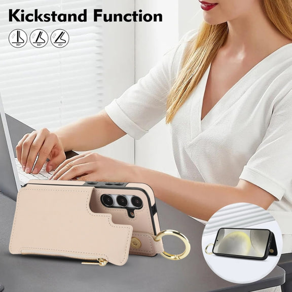 For Samsung Galaxy S24+ 5G RFlD Anti-theft Double Buckle Ring Zipper Card Phone Case(White)