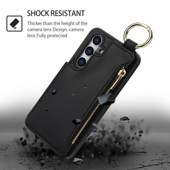 For Samsung Galaxy S24+ 5G RFlD Anti-theft Double Buckle Ring Zipper Card Phone Case(Black)
