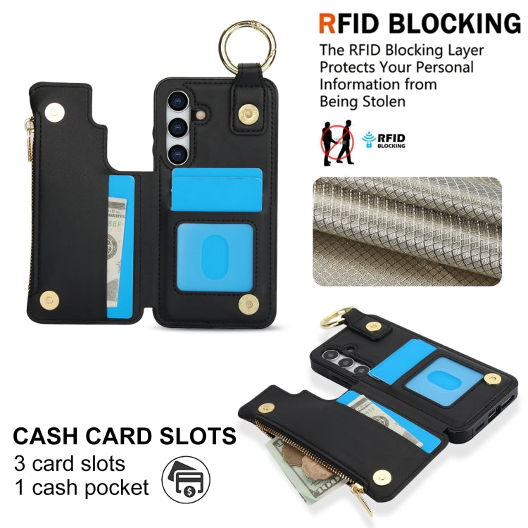 For Samsung Galaxy S24+ 5G RFlD Anti-theft Double Buckle Ring Zipper Card Phone Case(Black)