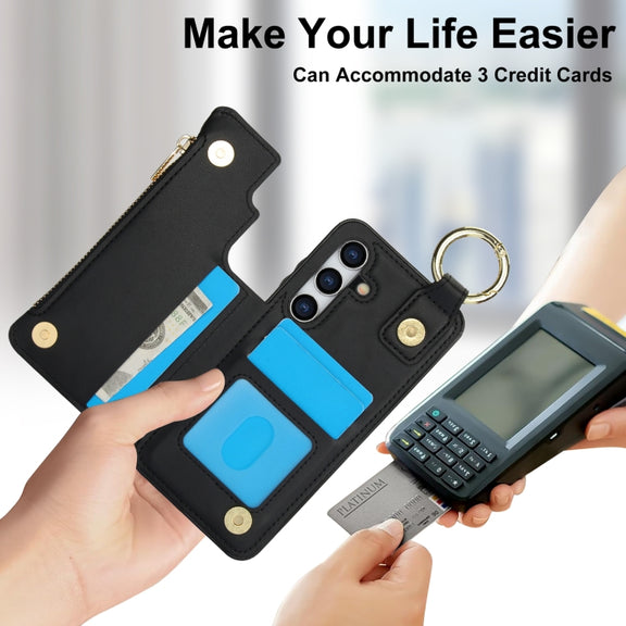 For Samsung Galaxy S24+ 5G RFlD Anti-theft Double Buckle Ring Zipper Card Phone Case(Black)