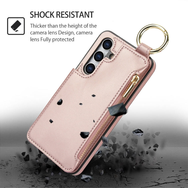 For Samsung Galaxy S24+ 5G RFlD Anti-theft Double Buckle Ring Zipper Card Phone Case(Rose Gold)