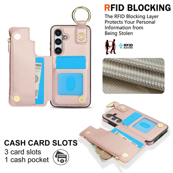 For Samsung Galaxy S24+ 5G RFlD Anti-theft Double Buckle Ring Zipper Card Phone Case(Rose Gold)