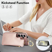 For Samsung Galaxy S24+ 5G RFlD Anti-theft Double Buckle Ring Zipper Card Phone Case(Rose Gold)