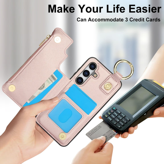 For Samsung Galaxy S24+ 5G RFlD Anti-theft Double Buckle Ring Zipper Card Phone Case(Rose Gold)