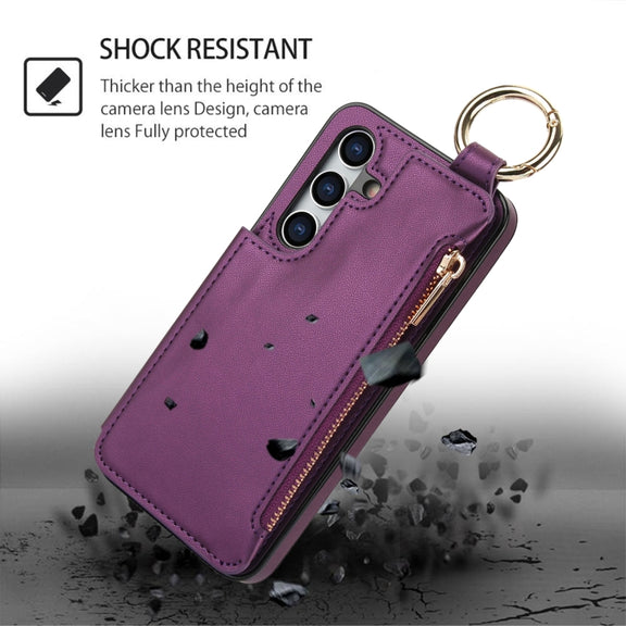 For Samsung Galaxy S24+ 5G RFlD Anti-theft Double Buckle Ring Zipper Card Phone Case(Dark Purple)